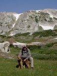 Nick and Boomer hiking in Wyoming's Snowy Range.