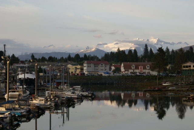 Inside Passage 2011 204 -Petersburg S Harbor, Town, Sons of Norway Hall, BC Mts in background. Note the C-Dory 16.