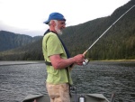 Petersburg, Mouth of Creek at Wrangel Narrows, 2010 212 - Fish on.  Light gear, Cohos, and shallow water.  It gets pretty crazy!