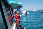 Under the parasol and ready to snorkel.  Isthmus, Catalina Island.