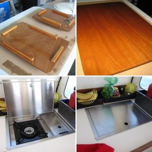 Sink cover board while varnishing.  I made a similar one (sans hole) for the cutout where the Wallas used to be.  It's surprisingly handy to be able to remove it to work on things (wiring etc.) under the galley, although I may eventually replace the whole galley counter and if so will likely make it a solid piece except for the sink cutout.