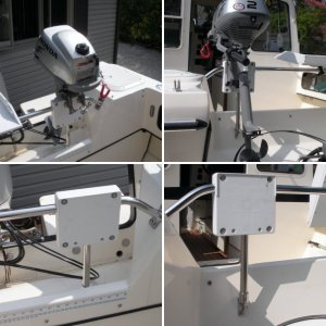Outboard storage bracket for inflatable.  Mounted on factory SS transom rail.  Idea borrowed from Peter on C-Dancer.