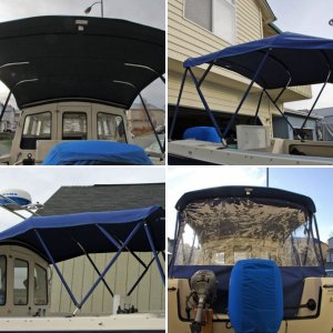 Sunbrella canvas, port side.  I wanted it to cover the spash well so I could bar-b-que in the rain.  Good thing too as it rained every weekend I was out last summer.
