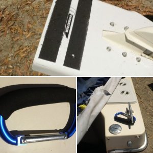 6-7" aluminum foam grip clip on carabiner (see next photo) makes an excellent hand hold, clipped on rear cleat for emergency crawling into boat . This is especially true if the boat is equipped with Permatrim. I leave it there permanently.