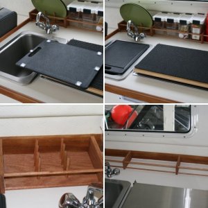 Inspired by others - galley rack made with 2 1/2" wide oak with two 3/8" dowels running the length.