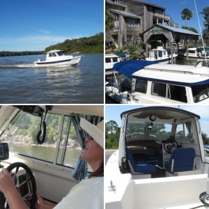 Inside, The added upper storage shelf w/tide clock is great for charts and misc. items. a lockable storage compartment under the helm seat, great for storing electronics etc.A Garmin 440 s Chartplotter and West Marine Windshield washer, much needed!