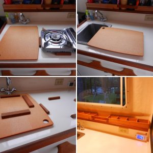 Galley shelf from some small drawer organizers, strip of plywood, and some teak trim.