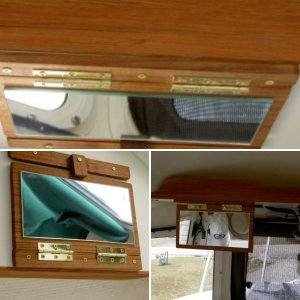 Valkyrie: Fold-down vanity mirror is glued to teak. Brass hinges and screws are used.  In response to a few PM's: the mirror wasn't centered on the aisle because that space is reserved for future projects.  The mirror is only sightly above the other seat, but can easily be used when standing in the aisle.