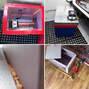 This is a thermo-electric chip (TEC) with an air cooled copper heat sink salvaged from a computer on top and a length of 1.5" copper pipe filled with antifreeze on the bottom.  It is stuck together with thermal epoxy.