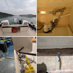 Fibreglass skins separated beneath black plastic transom cap, exposing core.