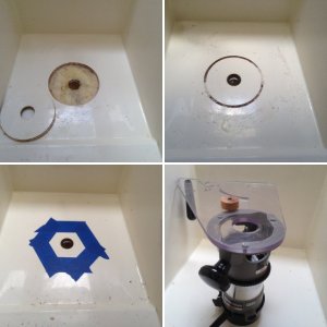 The problem: Under the plastic cap there\'s water in the space below the cabin floor, and the foam is soaked. An access port will be needed.