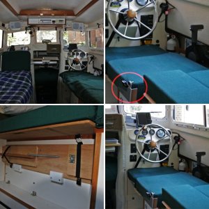 Port and Starboard Beds looking aft. The kitchen storage pocket is removed from the helm seat back and snapped to the cabin door when the starboard bed is setup.