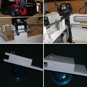 I wanted a way to mount the dinghy ob motor without drilling holes in the fiberglass.  This bracket slips in between the transom and rail and is secured by the ob motor mounts.