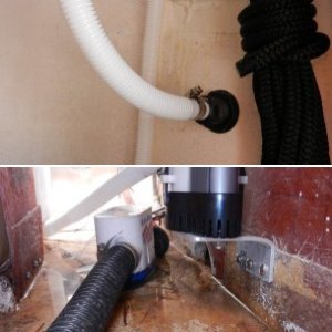 Backup bilge pump mounted a couple of inches above main pump.  Aluminum angle used for mounting shelf.