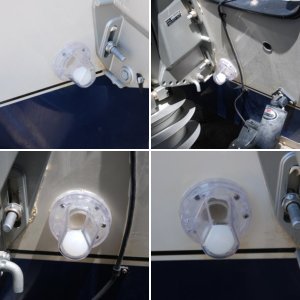 Sea Angel's original PERKO Scupper Valve installed at factory- 
outside/front view.
