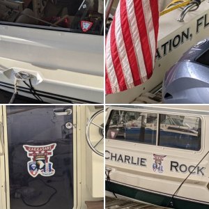 Charlie Rock gets her name.  it's all in the prep!  I had never used the "wet install" method for boat or truck decals.   What a breeze.  Not a single bubble, even where they had been shipped, or stored with wrinkles.  The bigger the squeegee the better.  And painters tape for location marking.  2 hours of prep ( port and starboard name rapes, 187th aarct decals on both side and cabin door, port of call on stern, and registration on both sides of bow).  An hour to dry, and 45 mins of tape and backing removal.