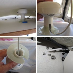 Original antenna mount. I cleaned this mount up and reused it for my new antenna. (Box in background contained new cable connector part, but contents are not shown.)