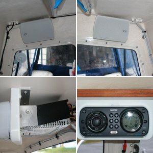 Sony marine stereo mounted under shelf in custom bracket of my design.