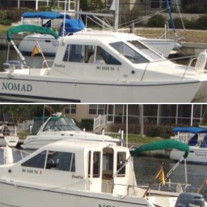 Flag poles are installed in angled fishing rod holders.  The staffs are 48" long, so they are 42" out of the transom.