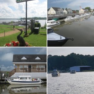 OSPREY\'s dock hosting some of the cruising gang\'s boats. Yes, it was raining.