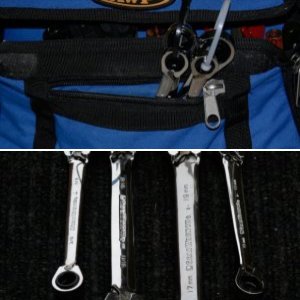 Complete set of most used SAE and Metric Sizes in just 4 box wrenches. These handy reversible wrenches are made by Gear Wrench sold at Lowes, Sears, etc.