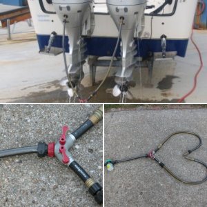 Flushing setup for use with twin HONDAs. Individual red control handles allow uniform water flow thru each engine as needed.