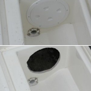 Again, not for the faint of heart! 8"
hole at rear of fish box. Yes, the fish box walls are cored with balsa. The piece that came out was separated due to water intrusion.