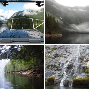 B-Boat 22, the Julie Anne, running with us up to Princes Louisa Inlet.  Flat here but we did see WOW(Waves On Water)! and lots of rain. C-Dory used 1/2 the fuel at every stop.