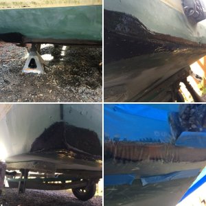 Stern, port side damage to bottom, old repairs