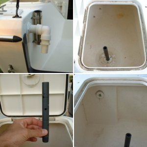 Here are some photos of the live bait well plumbed into the port laz by the dealer for the previous owner. The clear hose with check valve on the left is the intake for the manual bilge pump. This photo shows the bait pump with bronze through hull and valve.