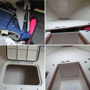 the smaller hatch on the port side is where my wife stores her clothes and starboard side is where I keep my clothes.Black spots are velcro for trying to keep cushions in place