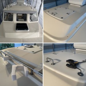 Covered previous holes with large starboard after filling and redrilling holes and rebedding handrails with 5200 to correct cabin roof leaks