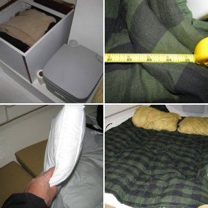 Fully extended berth showing head-first sleeping arrangement. Shown are two, queen size pillows.   We bought two flannel sleeping bags, good to 40 degrees, for $136 at LL Bean.  We unzipped them, using one for the bottom, which sat on top of our fiberbed topper, and the other was used as a comforter.  Overall, this sleep space is roughly 6 feet long by 5 feet wide, with a slight decrease to 4.5 feet at the bulkhead.  We slept better is this berth then we did at home.  9/26/12 comment.  This berth is a lot larger than one would think.  I can sleep across the bunker once past the bulkhead.  The only issue with sleeping toward the bow is the deck is close to one's head, but that's OK after awhile, since you have a cavernous view of the cabin from that perspective as well as having the hatch overhead.  Another thing that should be considered is that if any of you suffer from heartburn like I do, you know that it is infinitely preferable for your head to be higher then your feet.  Sleeping with your head toward the bow achieves this.