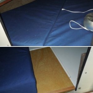 3/4in veneered plywood faced with trim to cover the void.
