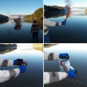 These flares are about $5 at paint ball gun places.  Warrior wannabes use them to obscure themselves from the "enemy."  You can see what they do on YouTube. These put out an amount of smoke that seems to be right between the $20 hand-held "boating" flares and the $50 floating flares.