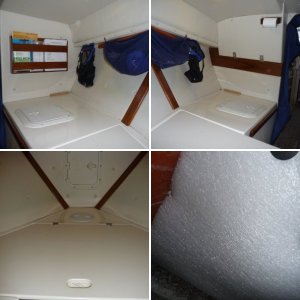 Cutty, Forward to Port.
Wooden boat paddle held up under port forward deck.
Access hatch to storage locker.