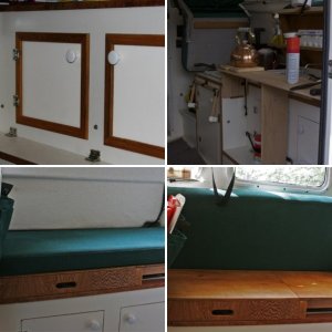 Covers are raised and helm seat pivots up to use galley. Hot items can be placed on ceramic tiles under helm seat. Small drop-down shelf inside forward cover is made of starboard trimmed in teak. Snap on elastic bands are handy for holding essentials (spelled COFFEE press) when underway.