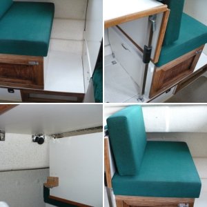 Sliding seat in new position. 

A lumbar pillow is nice to use here. We often sit on a PFD cushion for a better look-out/view. Not pictured here, I added a snap under the table and a small strap snaps into it and then snaps onto the existing cushion snap. This hold the back-rest cushion in place.