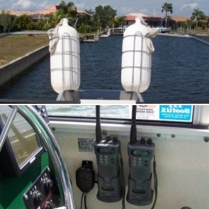 I have 2 hand held radio's and have mounted the charging brackets in the helm next to the on board vhf radio mic.  They are wired in to stay charged