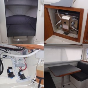 Dinette w/Nav seat facing fwd; storage in box and floor below; window curtain rolled down