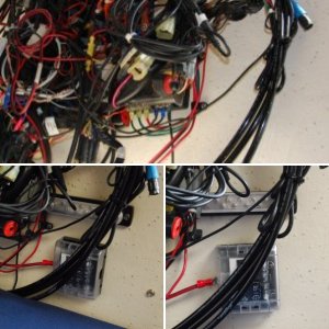 Sea Angel\'s Secondary AUX 6 ckt DC power block & 10x ground buss 1. The square block is the 12VDC Secondary AUX 12 VDC ATC fuse holder type Power Panel without ground strips and quick connect 'tabs' for the loads. 
The other end of red lead is connected to the 12VDC input connection (stud) of the Main Aux, 12 ckt  fuse panel w/ ground strips.