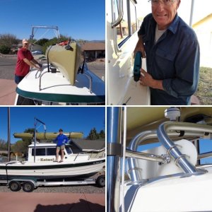 Close-up of our newly installed Garhauer Lift after lifting our 87 pound Hobie Mirage Tandem Kayak securely on top of Katmai.