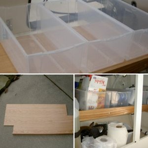 (Valkyrie) Final product.  Oak galley shelf doubles usable space under galley.  Shelf is 19" deep and the width of galley.  Three inch fiddle keeps stuff from doing a backflip in a seaway.