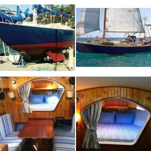 Steel boat I built early 1990\'s. Brent Swain 31 cutter.  Twin keel outboard rudder.