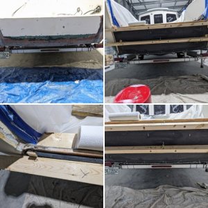 Didn\'t check the thickness of the existing glass until after I ground it down and felt that it wasn\'t just one or two layers of mat.  It was already 3/16+, but because I already ground it and had 2 layers of 1208, 1 of mat and the PeelPly cut, I went ahead and applied...