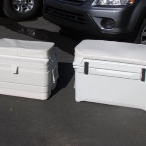 Media 'Both 65 quart coolers the Igloo on left and the Engel on right. Externally the Engel is both heavier and bigger due to the extra insulation thickness. They are both the same size internally. Supposed to hold ice much longer. We use a 120 quart Igloo for fishing which are just day trips so ice keeping isn't as critical as weekly cruises, Will-C' in album 'Both 65 quart coolers the Igloo on left and the Engel on right. Externally the Engel is both heavier and bigger due to the extra insulation thickness. They are both the same size internally. Supposed to hold ice much longer. We use a 120 quart Igloo for fishing which are just day trips so ice keeping isn't as critical as weekly cruises, Will-C'