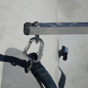 Carabiner attached to patch on inside of dinghy pontoon.