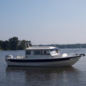 Media 'Miss Curious At Home On The Magothy River In MD With Radar Arch and Anchor Windlass Visible' in album '22 Inch Horizontal Bulkhead Enlargement & 24 Inch Copilot Handrail'