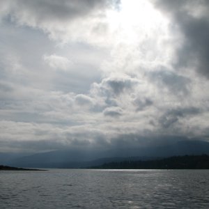 Weather   or Not.  And we have some!  Looking back into Sequim Bay, returning from Protection Island.