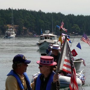 4th of July Dingy Parade, Stuart Island, north San Juan Islands. Joined up with the Port Townsend Dingy's. Red, White and Blue on my dingy too.
